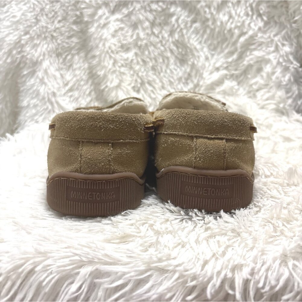 Minnetonka Mens Tan Suede Moccasin Slippers 8.5 Faux Fur Lining Rubber Sole - Picture 6 of 6